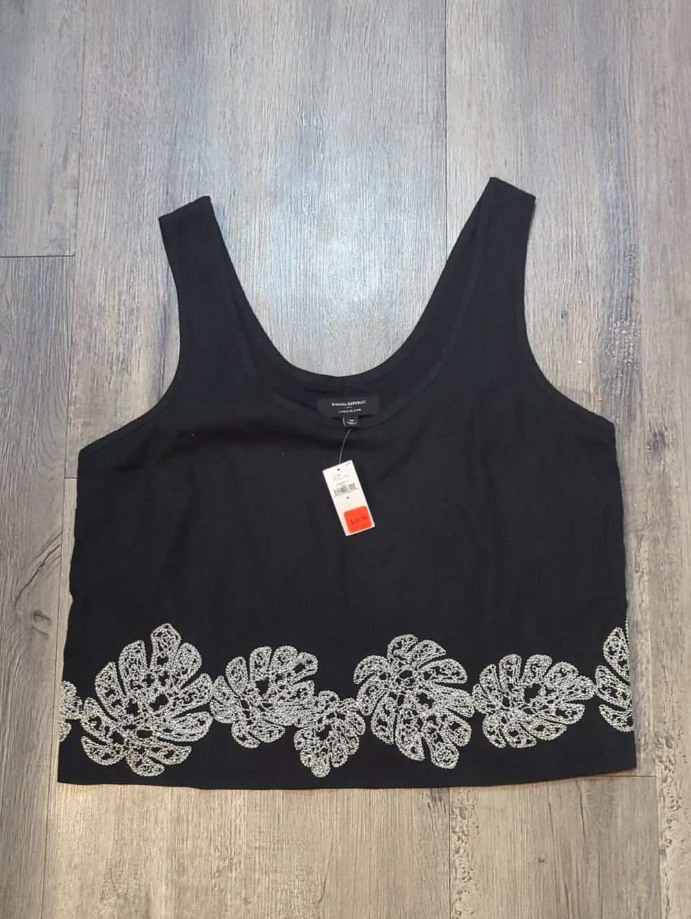 Banana Republic Black Crop Tank Top with White Embroidered Leaf Motif NWT